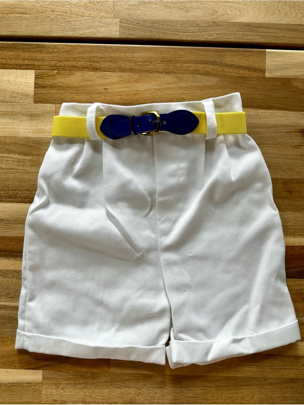 White High-Waist Pants with Yellow & Blue Belt - Picture 2 of 5